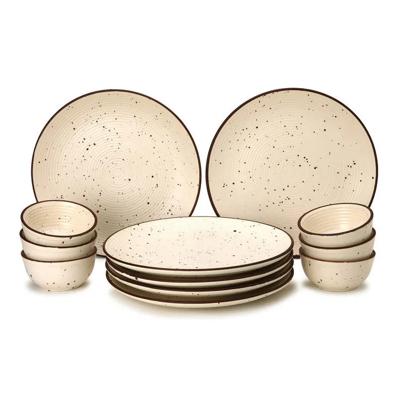 Ceramic Dinner Set | 6 Dinner Plates & 6 Katori Bowls | Dinnerware Set | Beige | Set of 12