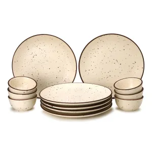 Ceramic Dinner Set | 6 Dinner Plates & 6 Katori Bowls | Dinnerware Set | Beige | Set of 12