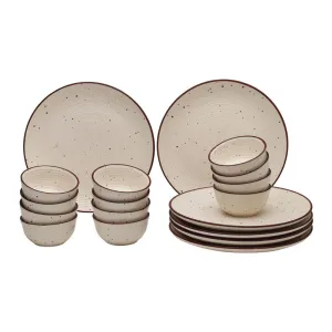Ceramic Dinner Set | Stoneware | 6 Dinner Plates & 12 Bowl Katori | Beige | Set of 18