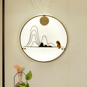 Chinese Style Fabric Gold LED Sconce Light - Mountain and Monk Mural Wall Lamp