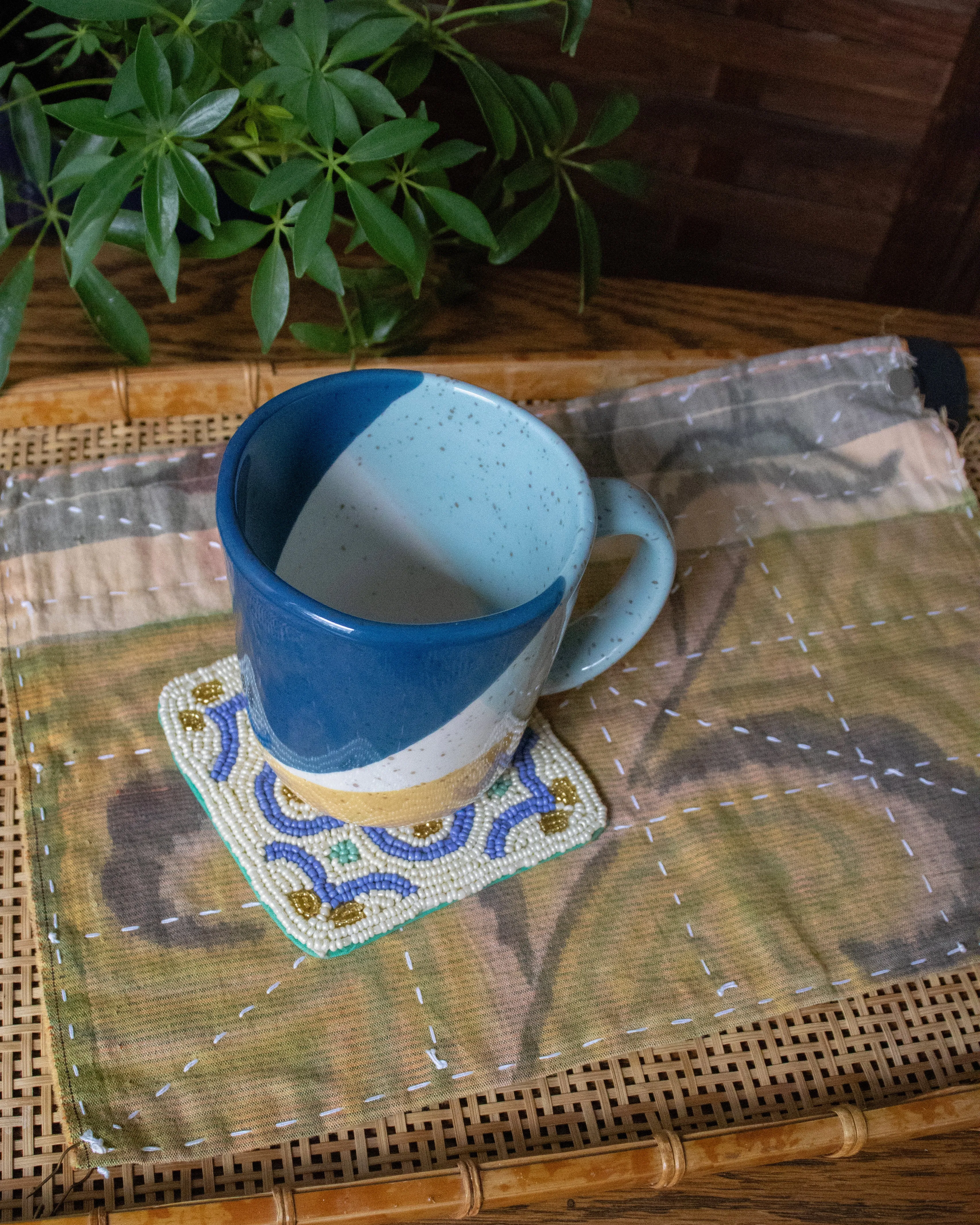 Coaster, Bisque, Beaded Flower Pattern White