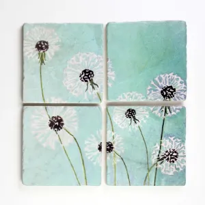 Coaster set of 4 - Dandelions on aqua