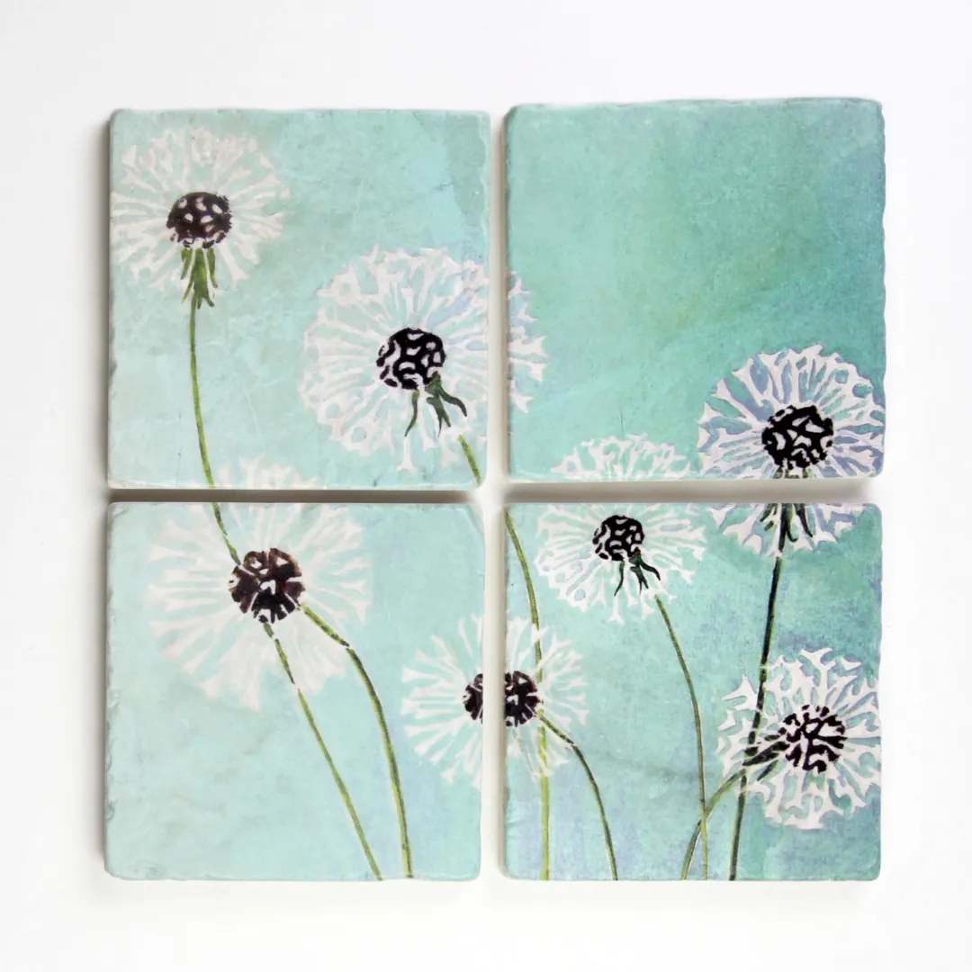 Coaster set of 4 - Dandelions on aqua