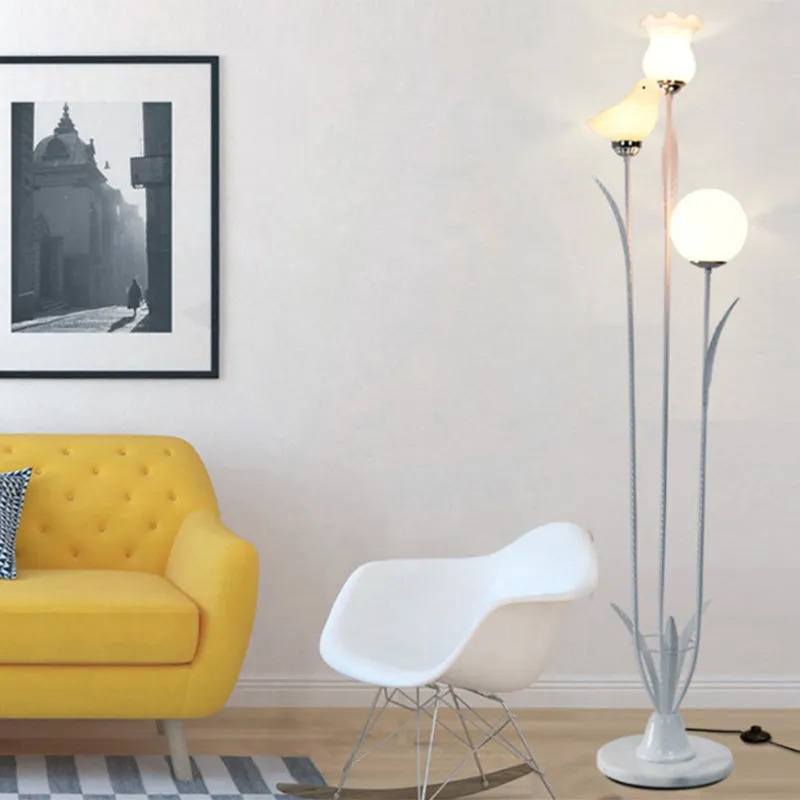 Contemporary 3-Bulb Tree Floor Light with Black/White Stand-Up Lamp and Cream Glass Shade