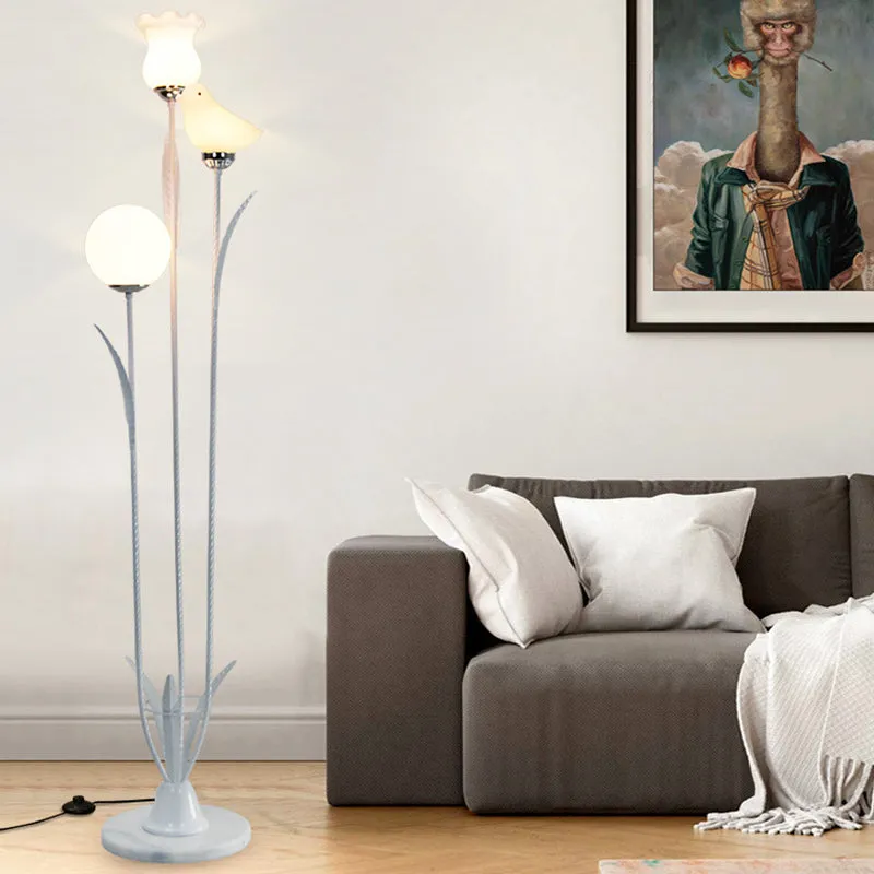 Contemporary 3-Bulb Tree Floor Light with Black/White Stand-Up Lamp and Cream Glass Shade