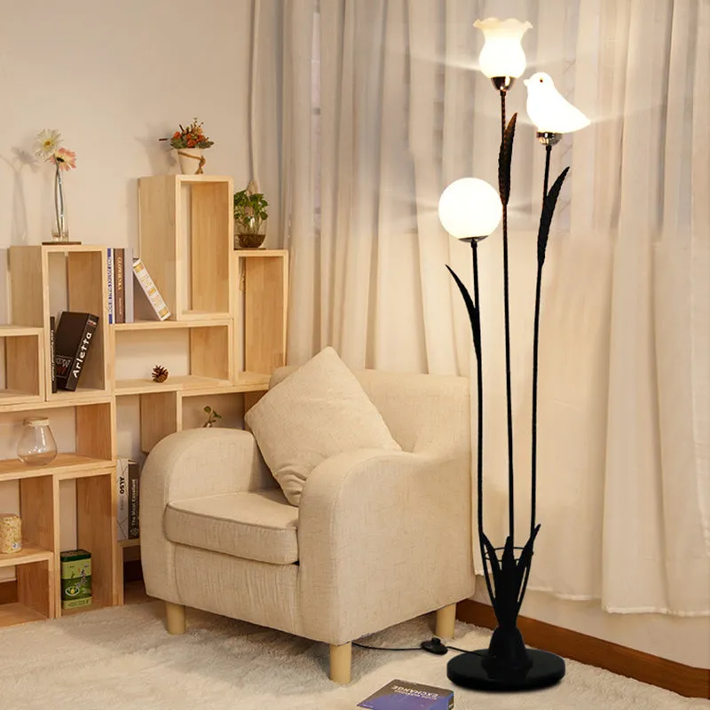 Contemporary 3-Bulb Tree Floor Light with Black/White Stand-Up Lamp and Cream Glass Shade