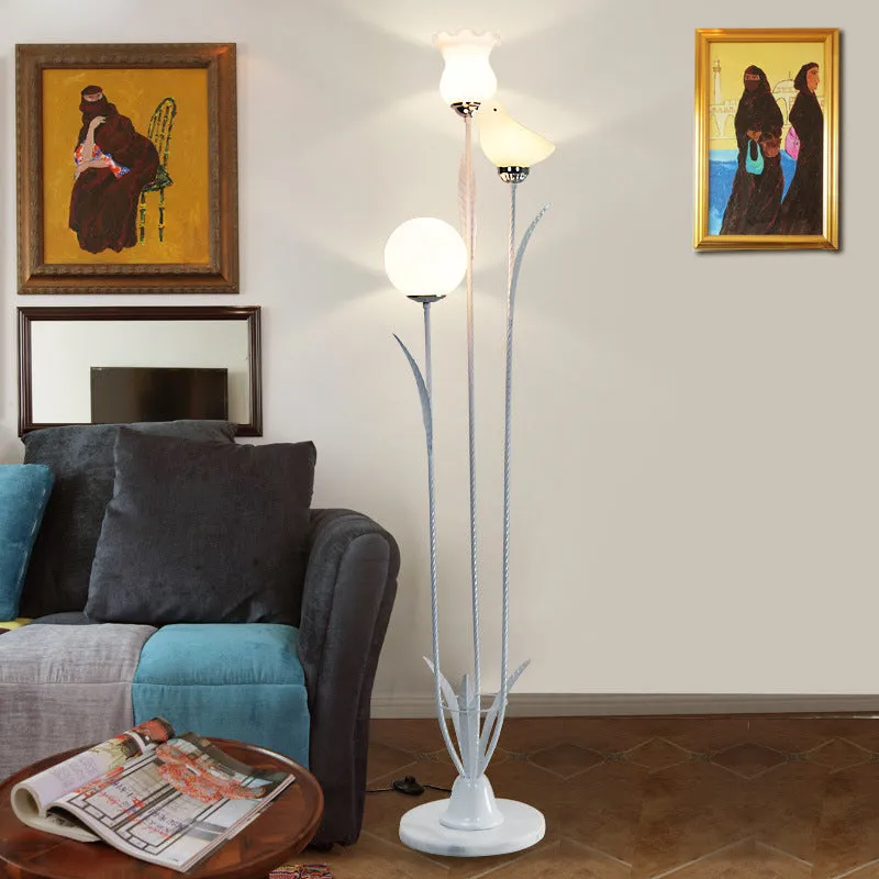 Contemporary 3-Bulb Tree Floor Light with Black/White Stand-Up Lamp and Cream Glass Shade