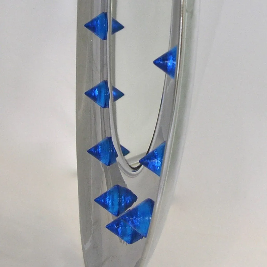 Contemporary Italian Modern Chromed Round Wall Mirror with Jewel Like Blue Glass Rocks