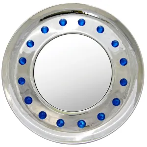 Contemporary Italian Modern Chromed Round Wall Mirror with Jewel Like Blue Glass Rocks