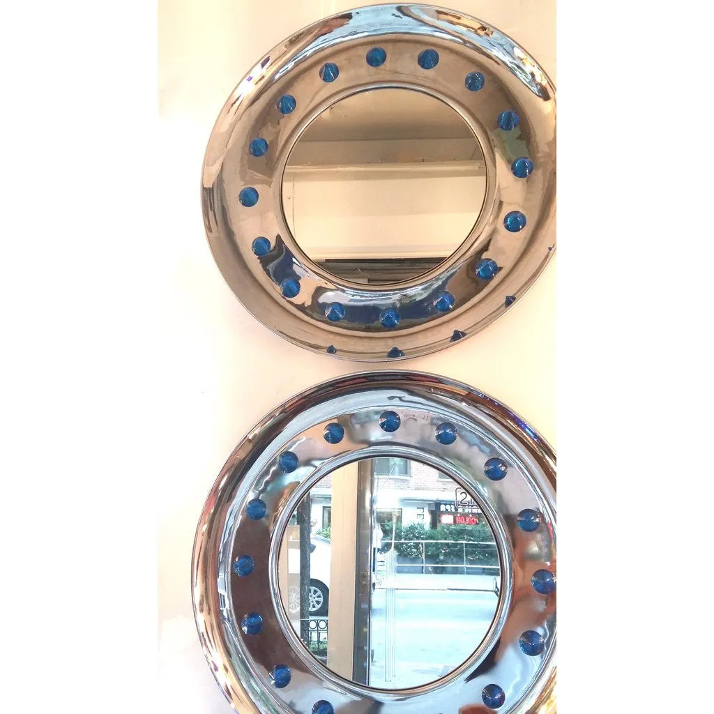 Contemporary Italian Modern Chromed Round Wall Mirror with Jewel Like Blue Glass Rocks