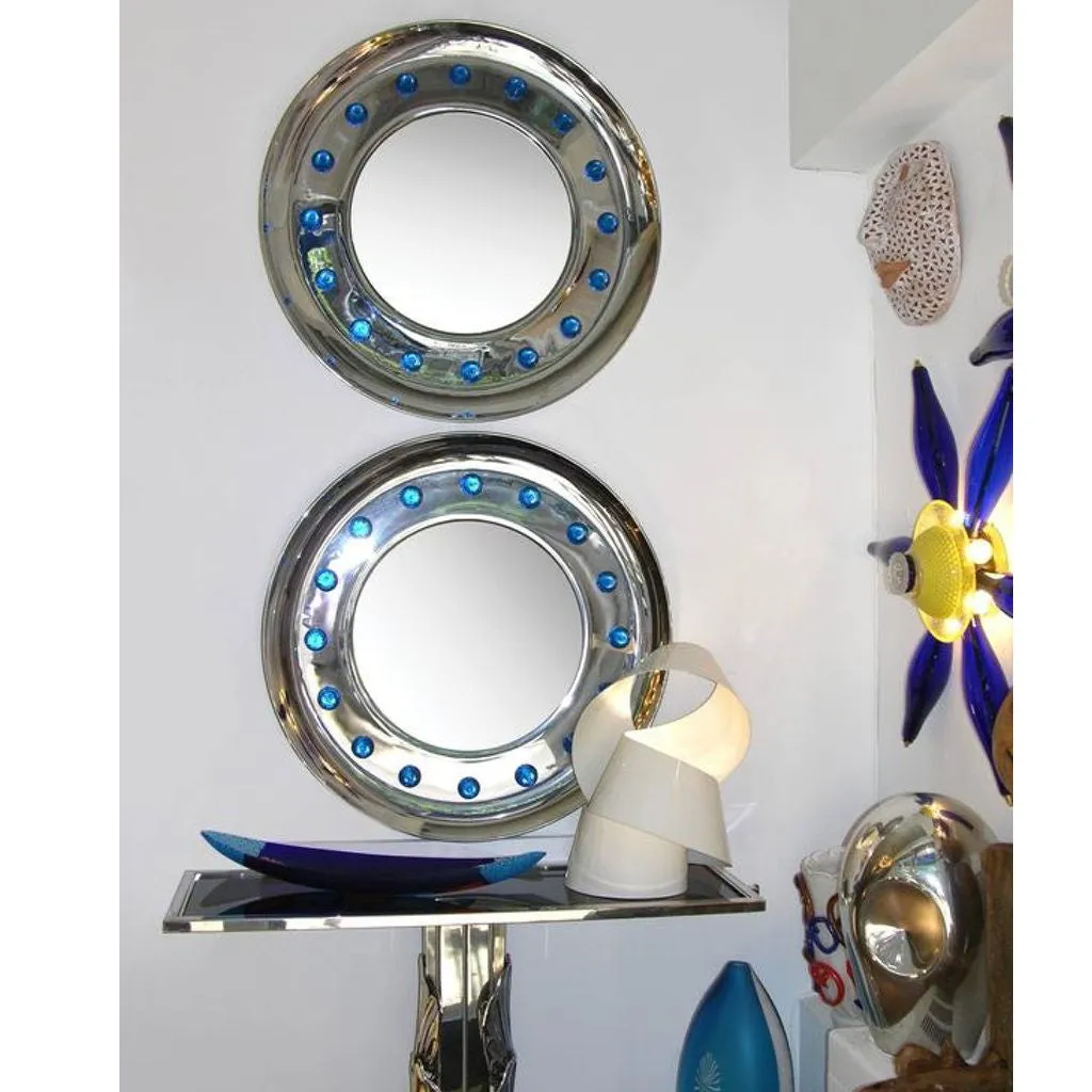 Contemporary Italian Modern Chromed Round Wall Mirror with Jewel Like Blue Glass Rocks