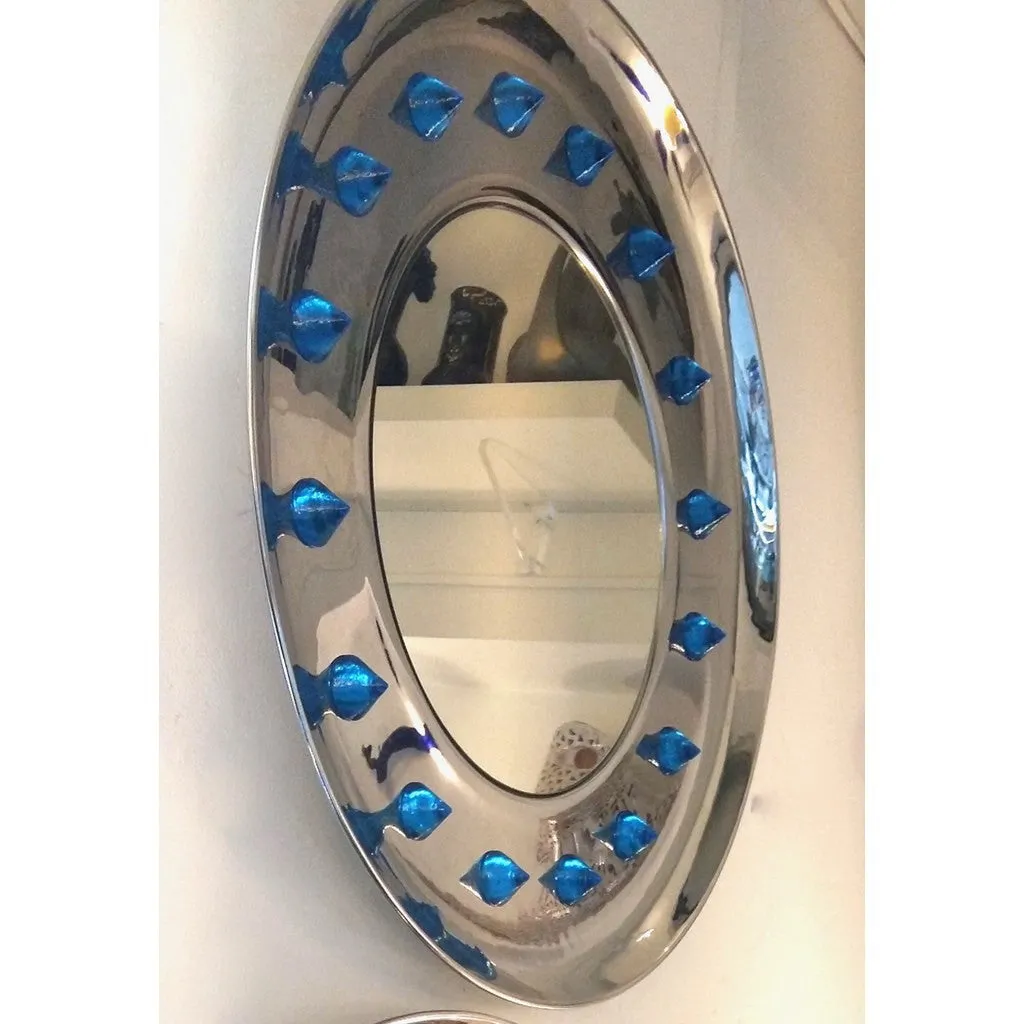 Contemporary Italian Modern Chromed Round Wall Mirror with Jewel Like Blue Glass Rocks