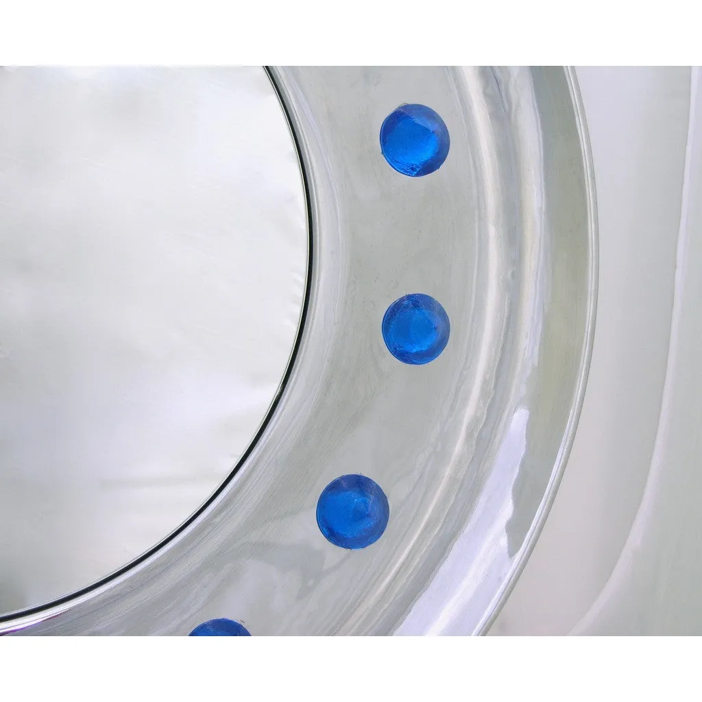 Contemporary Italian Modern Chromed Round Wall Mirror with Jewel Like Blue Glass Rocks