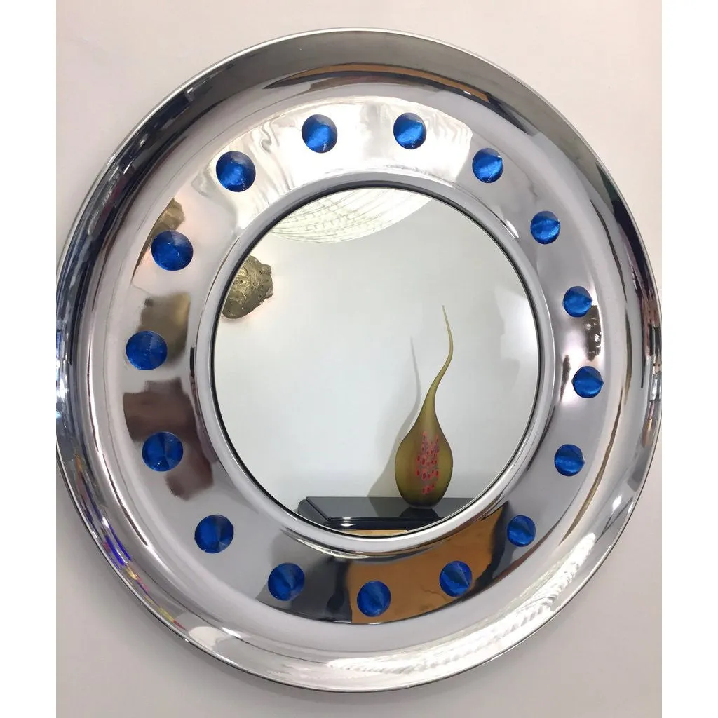 Contemporary Italian Modern Chromed Round Wall Mirror with Jewel Like Blue Glass Rocks
