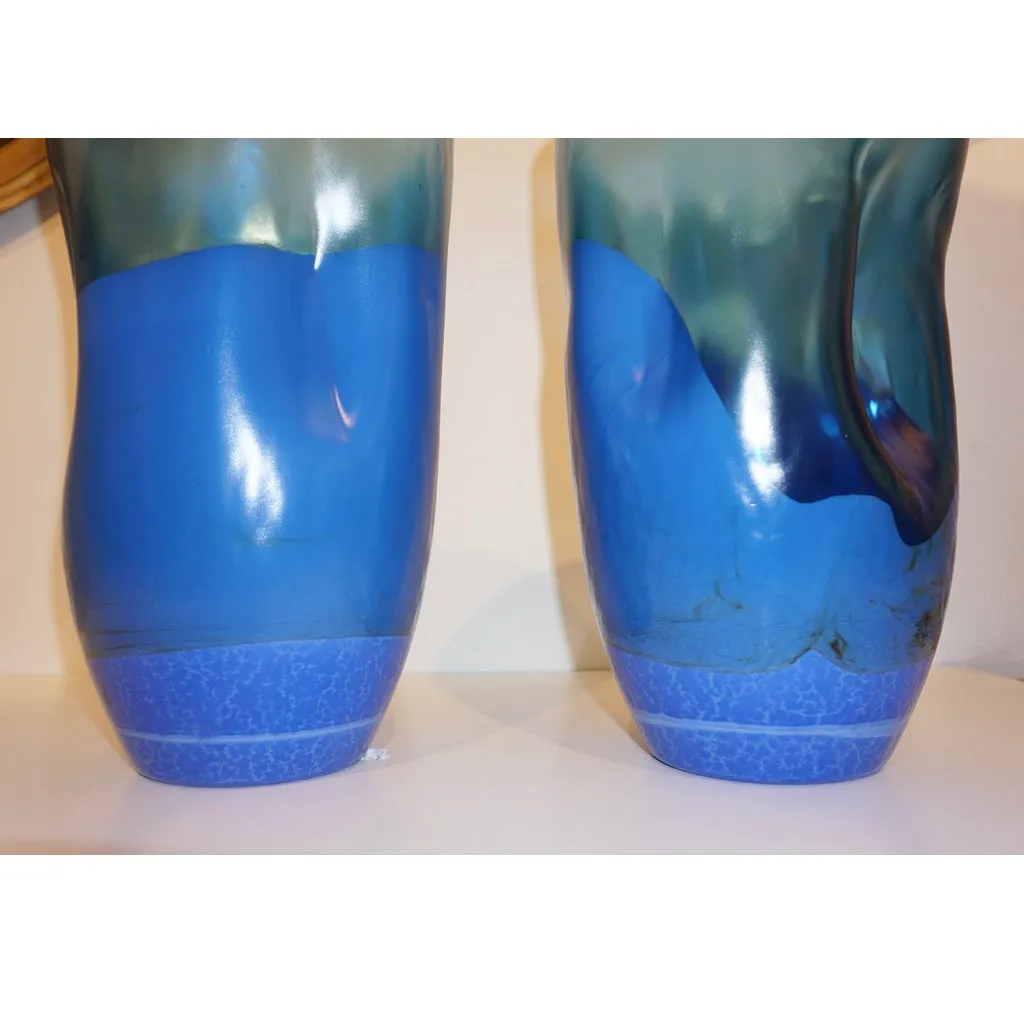 Contemporary Minimalist Iridiscent Royal Blue Murano Glass Pair of Modern Vases