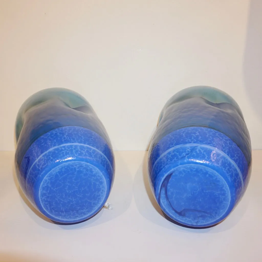 Contemporary Minimalist Iridiscent Royal Blue Murano Glass Pair of Modern Vases