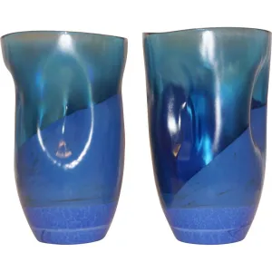 Contemporary Minimalist Iridiscent Royal Blue Murano Glass Pair of Modern Vases