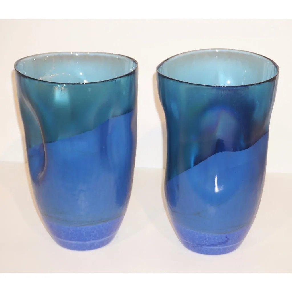 Contemporary Minimalist Iridiscent Royal Blue Murano Glass Pair of Modern Vases