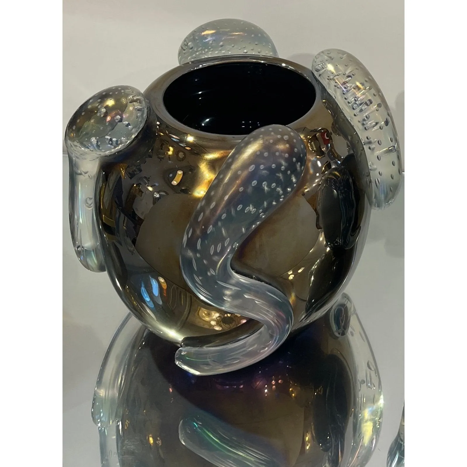 Costantini Italian Sculpture Iridescent Black Murano Glass Round Vase