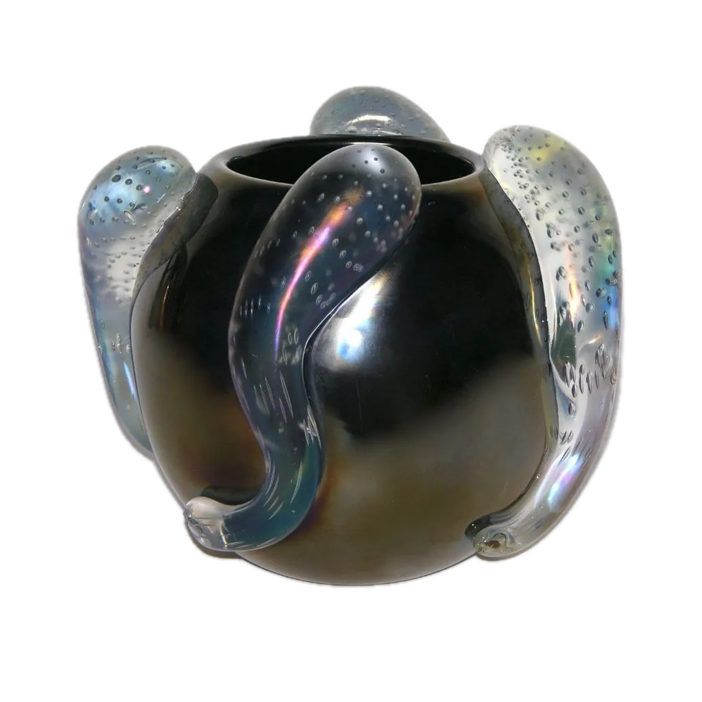 Costantini Italian Sculpture Iridescent Black Murano Glass Round Vase