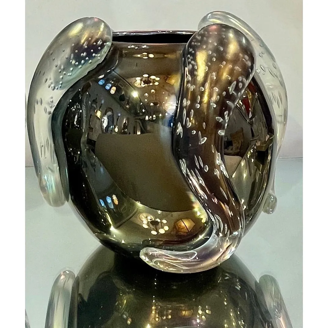 Costantini Italian Sculpture Iridescent Black Murano Glass Round Vase