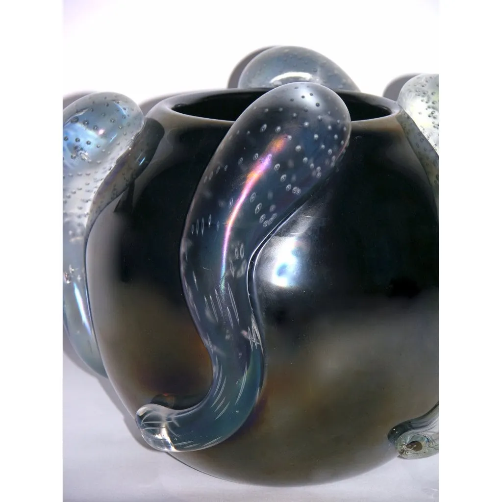 Costantini Italian Sculpture Iridescent Black Murano Glass Round Vase
