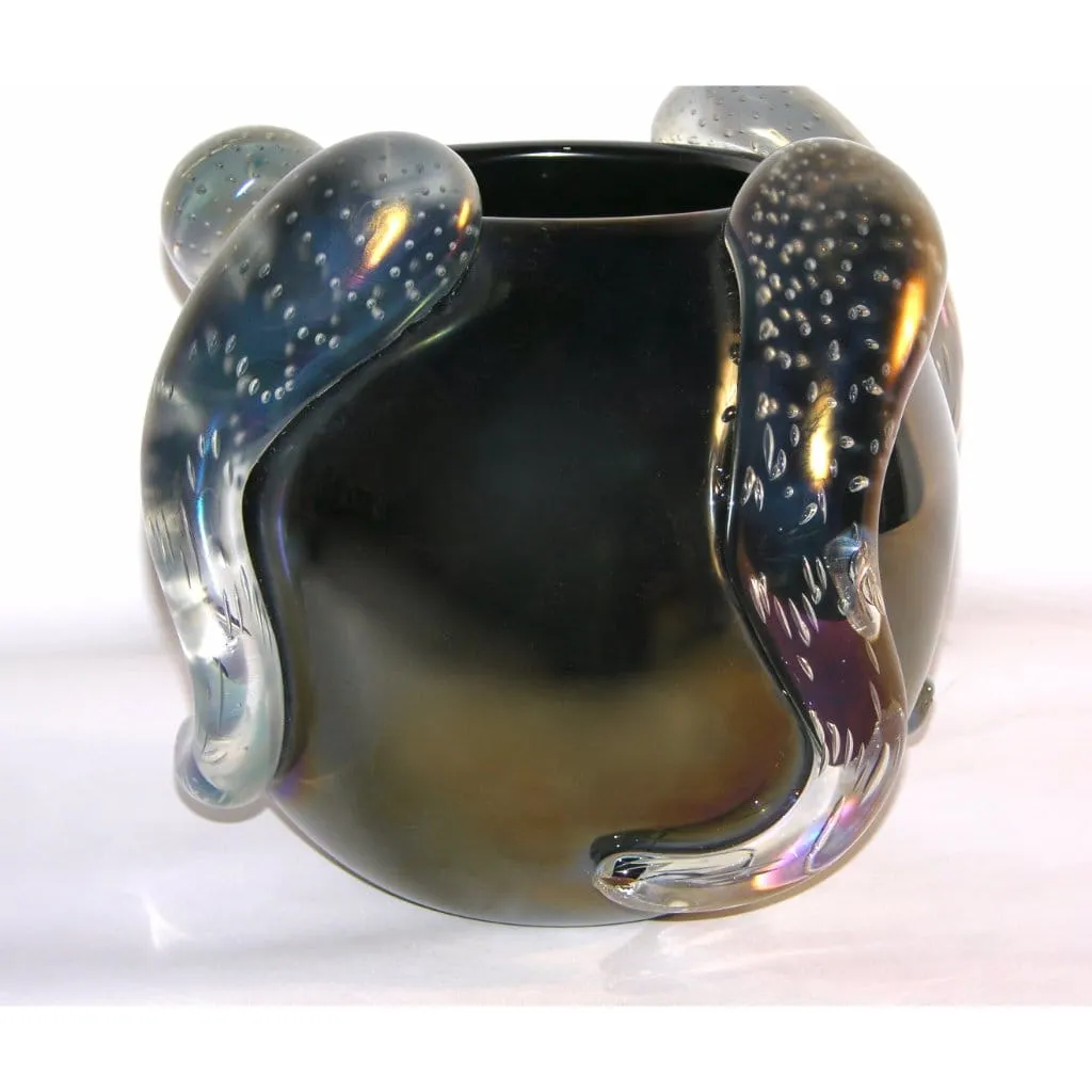 Costantini Italian Sculpture Iridescent Black Murano Glass Round Vase