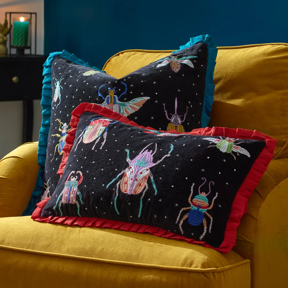 Darkling Beetles Embroidered Velvet Cushion Crimson/Black