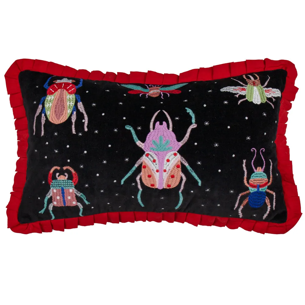 Darkling Beetles Embroidered Velvet Cushion Crimson/Black