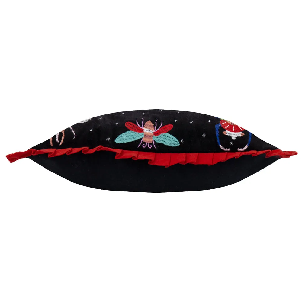 Darkling Beetles Embroidered Velvet Cushion Crimson/Black