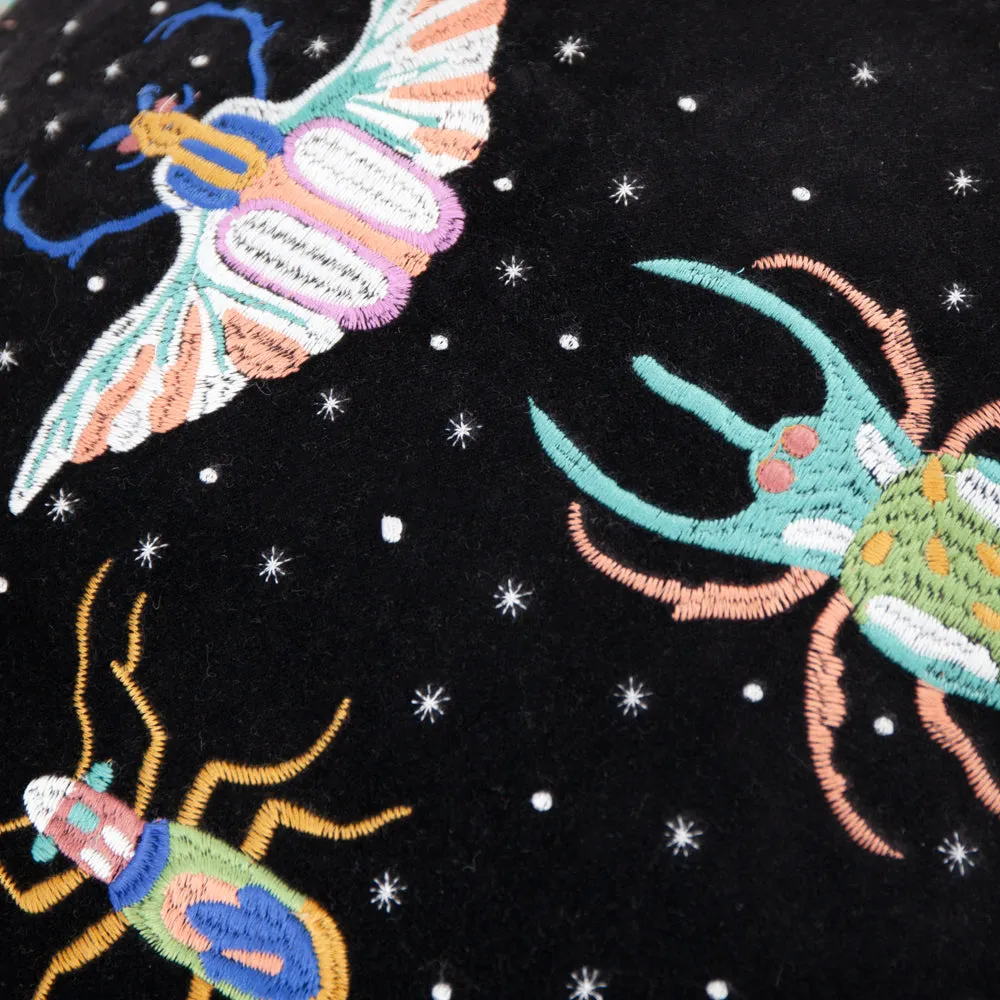 Darkling Beetles Embroidered Velvet Cushion Teal/Black