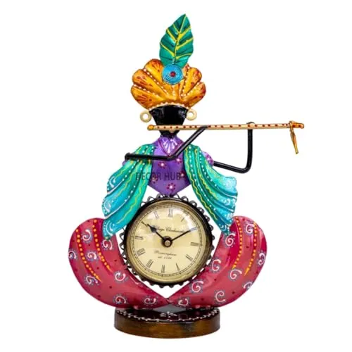 Decor Hub Antique Krishna Flute Hanging with Clock Showpiece | Elegant Krishna Clock Design | Decorative Table Clock for Home Decor | Krishna Table Clock | 30x20x10 cm