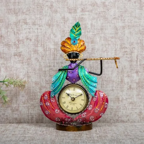 Decor Hub Antique Krishna Flute Hanging with Clock Showpiece | Elegant Krishna Clock Design | Decorative Table Clock for Home Decor | Krishna Table Clock | 30x20x10 cm