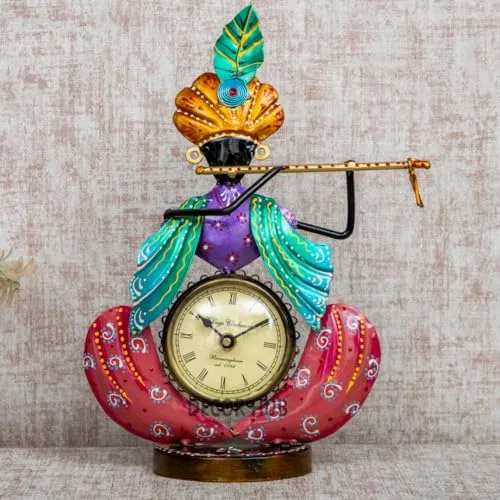 Decor Hub Antique Krishna Flute Hanging with Clock Showpiece | Elegant Krishna Clock Design | Decorative Table Clock for Home Decor | Krishna Table Clock | 30x20x10 cm
