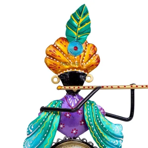 Decor Hub Antique Krishna Flute Hanging with Clock Showpiece | Elegant Krishna Clock Design | Decorative Table Clock for Home Decor | Krishna Table Clock | 30x20x10 cm