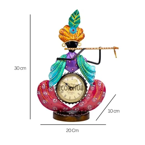 Decor Hub Antique Krishna Flute Hanging with Clock Showpiece | Elegant Krishna Clock Design | Decorative Table Clock for Home Decor | Krishna Table Clock | 30x20x10 cm