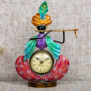 Decor Hub Antique Krishna Flute Hanging with Clock Showpiece | Elegant Krishna Clock Design | Decorative Table Clock for Home Decor | Krishna Table Clock | 30x20x10 cm