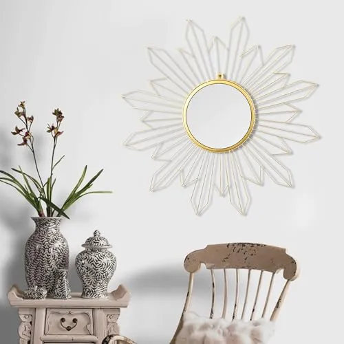 Decorative Wall Mirror with Sunburst Design, 30 cm Diameter, Gold and White