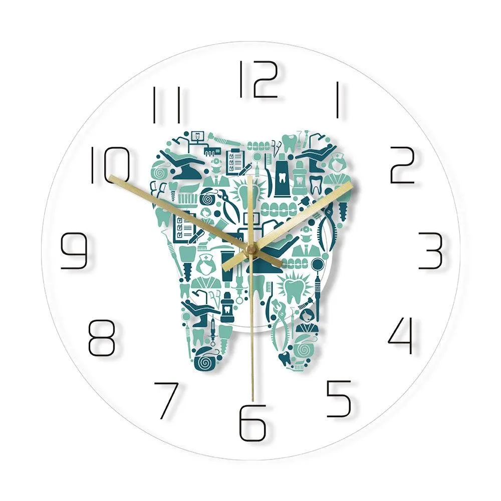 Dentist Dental Care Tooth  Symbol Wall Clock Acrylic Hanging Clock Silent Movement Time Clock Teeth Design Dental Office Department Decor
