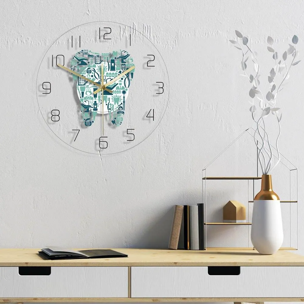Dentist Dental Care Tooth  Symbol Wall Clock Acrylic Hanging Clock Silent Movement Time Clock Teeth Design Dental Office Department Decor