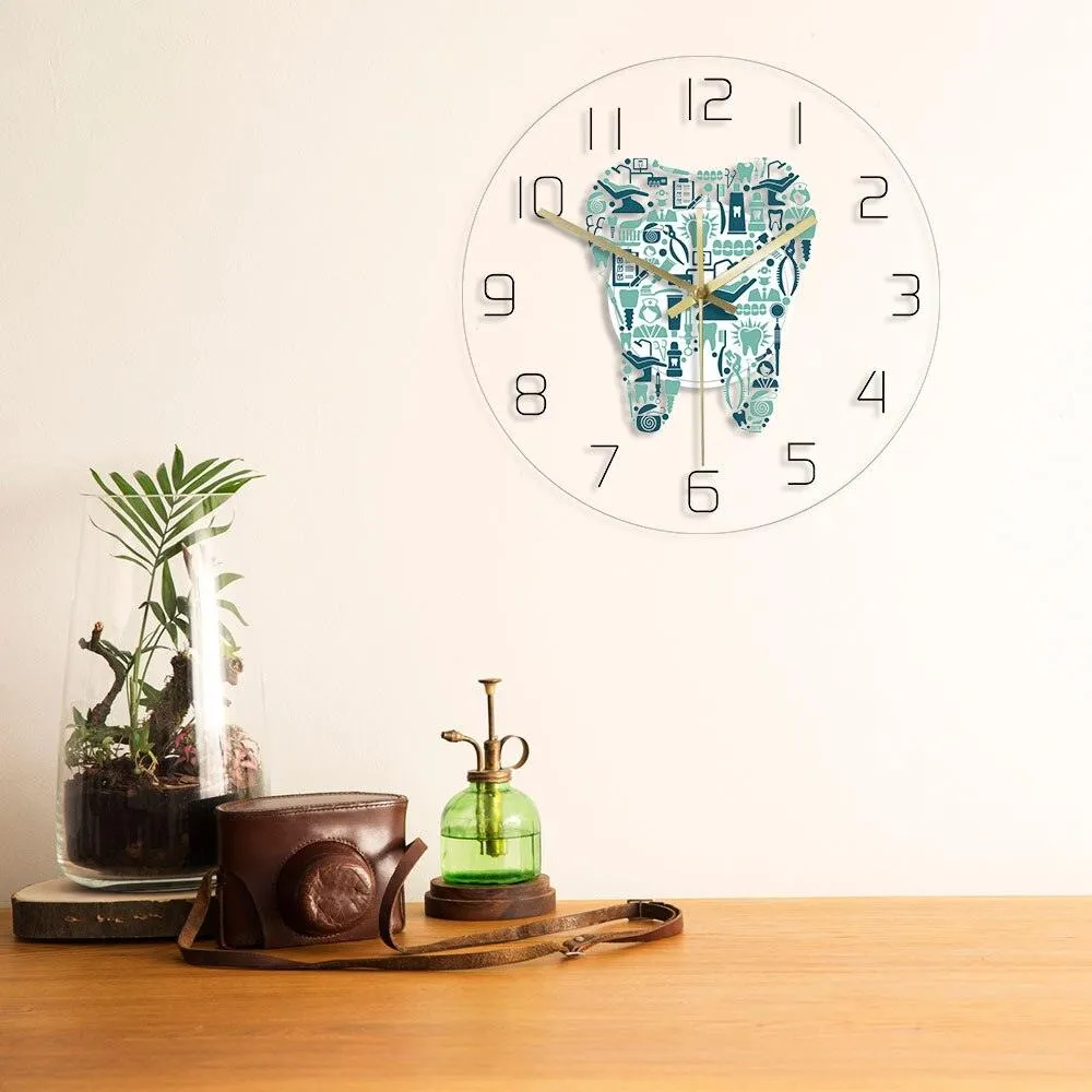 Dentist Dental Care Tooth  Symbol Wall Clock Acrylic Hanging Clock Silent Movement Time Clock Teeth Design Dental Office Department Decor