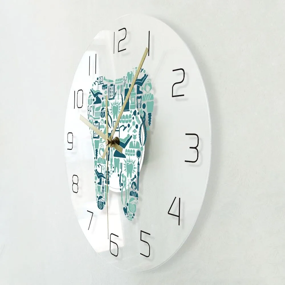 Dentist Dental Care Tooth  Symbol Wall Clock Acrylic Hanging Clock Silent Movement Time Clock Teeth Design Dental Office Department Decor
