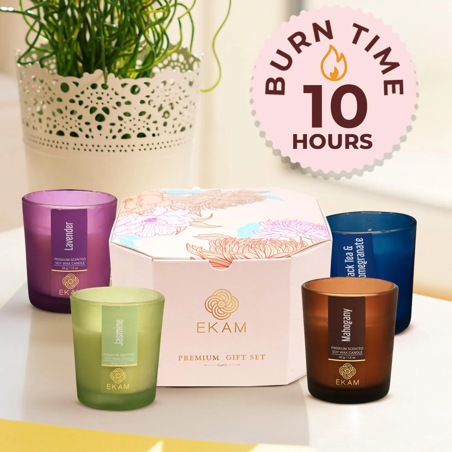 EKAM Gift Box| Pack of 4 Scented Votive Candles| Fragrances- Mahogany, Lavender, Black tea & Pomegranate and Jasmine| Ideal for Home Décor, Aromatherapy & Gifting| 10 hr. burn time|40g each