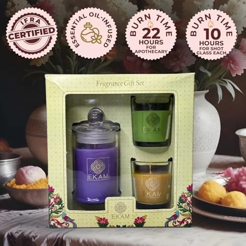 EKAM Gift Set of 3 Scented Candles| Long Lasting| Ideal for Home Décor, Aromatherapy & Gifting| Lead-Free Wick| Lavender Apothecary Candle|Orange Blossom & Lemongrass and Nagachampa Shot Glass