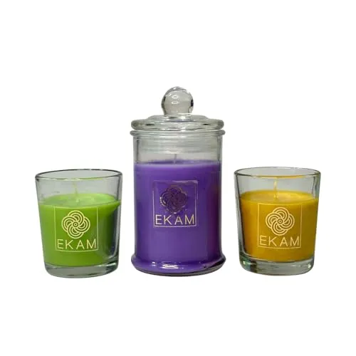 EKAM Gift Set of 3 Scented Candles| Long Lasting| Ideal for Home Décor, Aromatherapy & Gifting| Lead-Free Wick| Lavender Apothecary Candle|Orange Blossom & Lemongrass and Nagachampa Shot Glass
