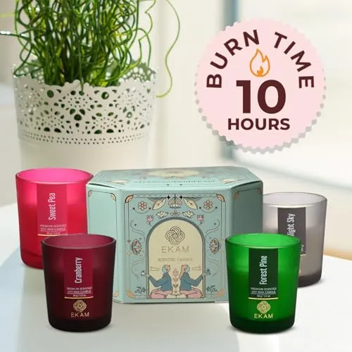 EKAM Pack of 4 Frosted Shot Glass Scented Candles| Long Lasting| Ideal for Home Décor, Aromatherapy, Gifting| Lead-Free| Sweet Pea, Twilight Sky, Forest Pine, Cranberry | 10 Hours Burn Time| Gift Set