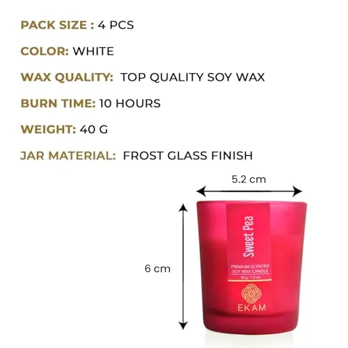 EKAM Pack of 4 Frosted Shot Glass Scented Candles| Long Lasting| Ideal for Home Décor, Aromatherapy, Gifting| Lead-Free| Sweet Pea, Twilight Sky, Forest Pine, Cranberry | 10 Hours Burn Time| Gift Set