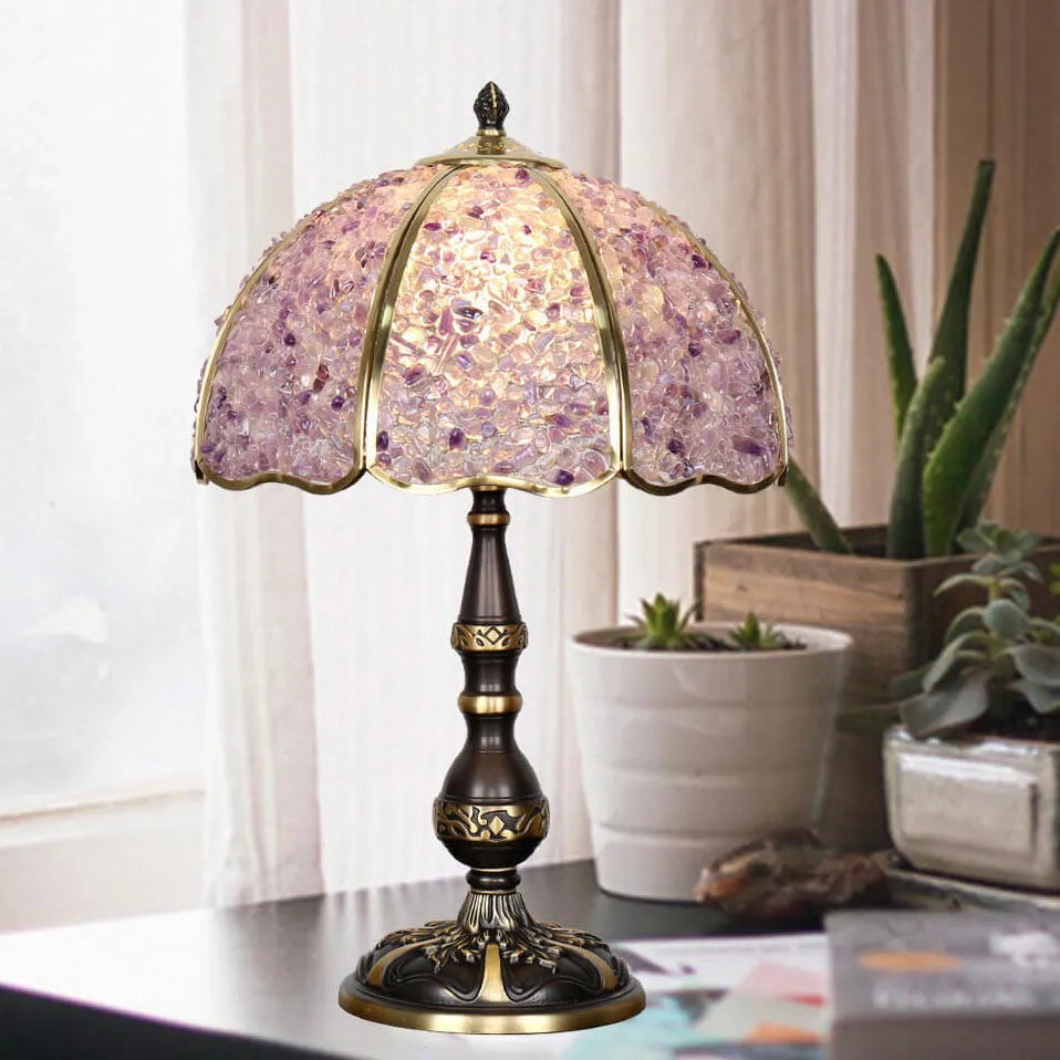 European Luxury Agate Crystal Dome Copper 1-Light Table Lamp