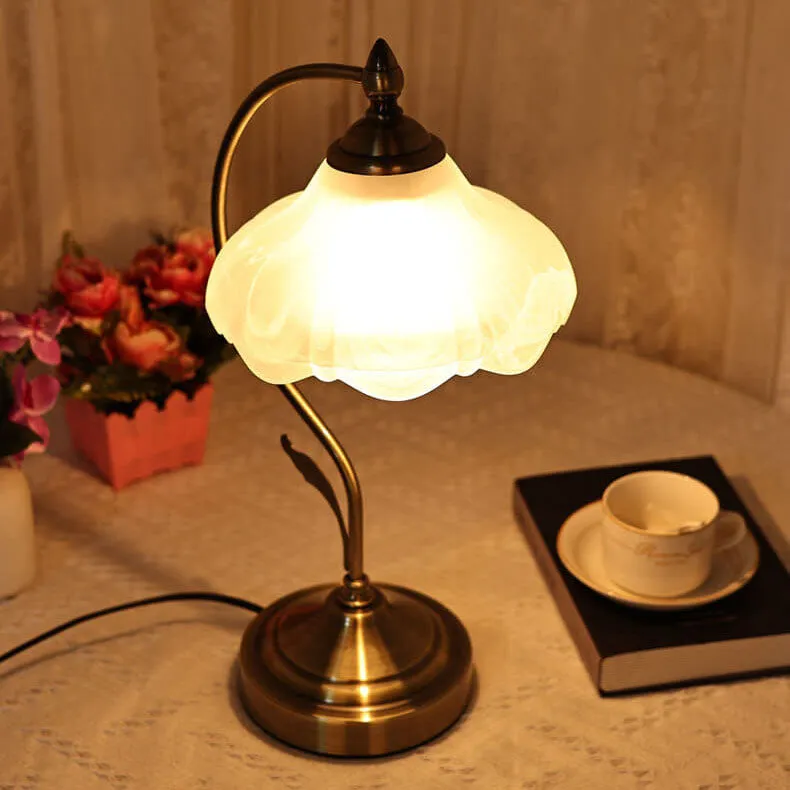 European Vintage Frosted Floral Glass Shade Metal Base 1-Light Table Lamp