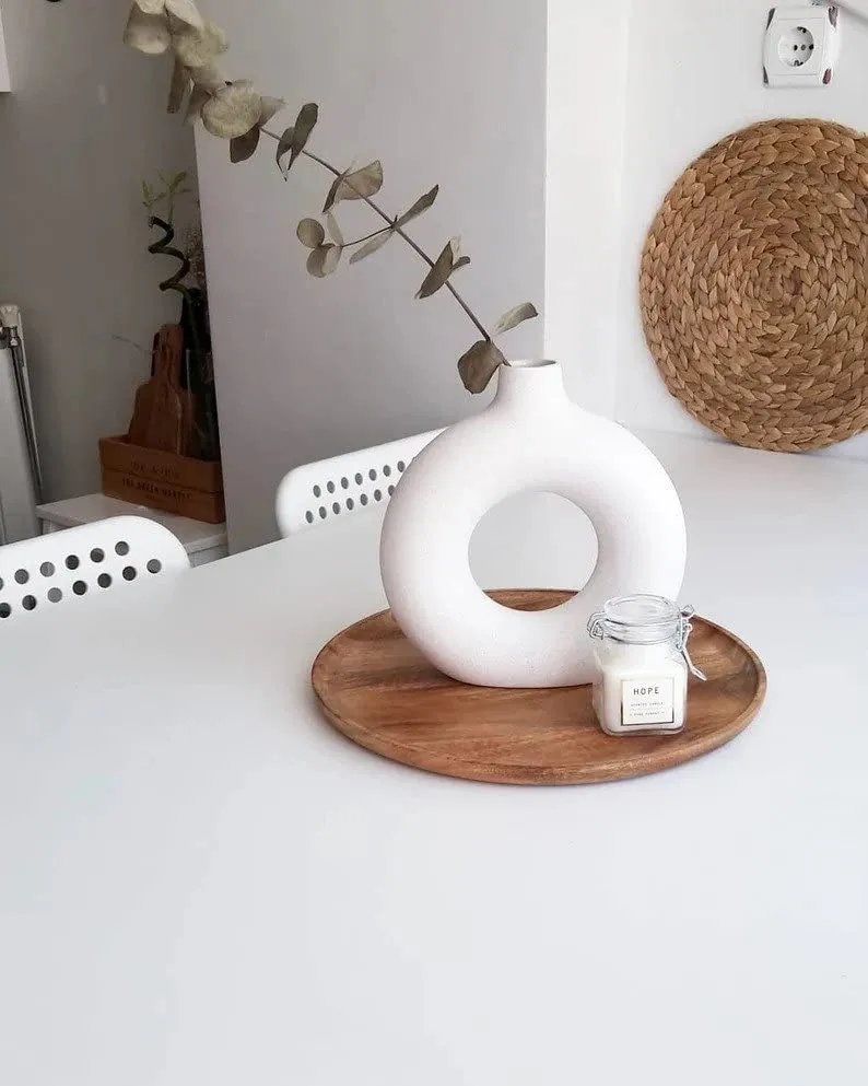 FarKraft Flower Vase | White Vase | Pampas Grass Vase | Ceramic Vase | Donut Round Shaped Vase | Home Decor Centrepiece | Decor Showpiece Donut Vase 6 Inches (Pack of 1)